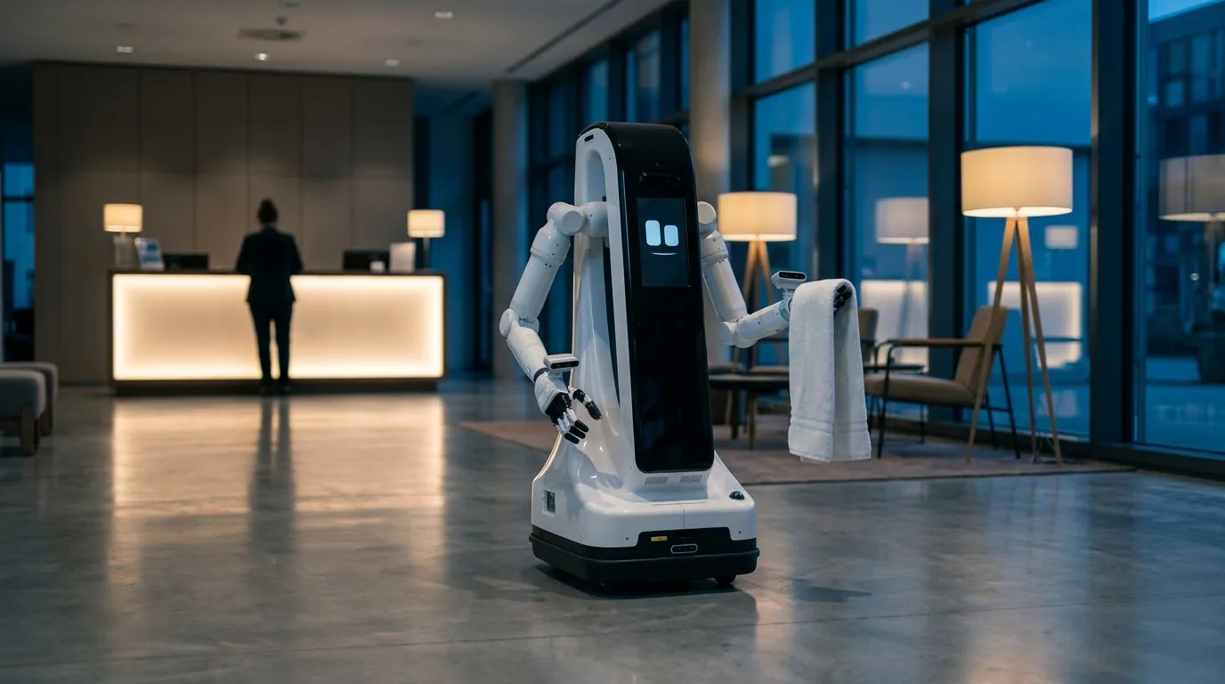 Serviceroboter mit einem Handtuch in der Lobby eines Hotels, im Hintergrund eine Person am Empfang